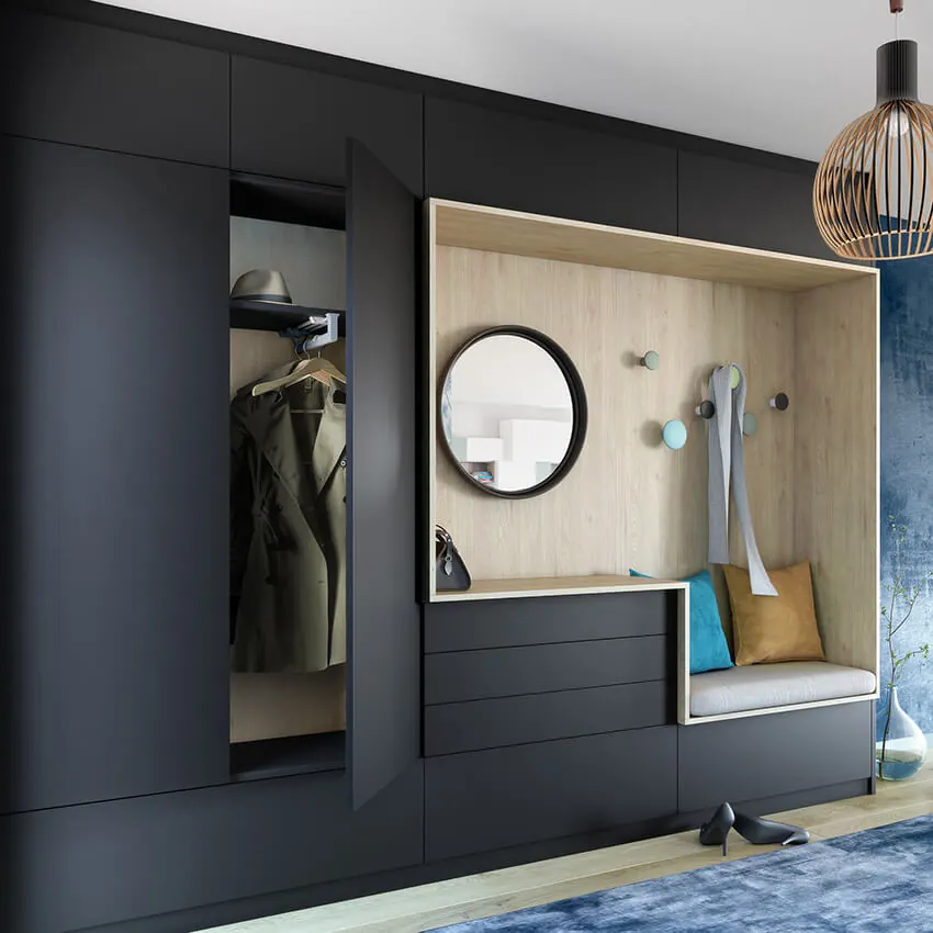 Entrée sur mesure vestiaire sur mesure — ton noyer, aménagé par Gitter à Hagondange (gammes Portéa)
