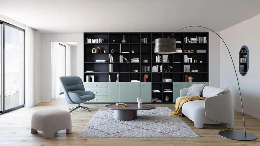 Salon sur mesure rangement de salon — décor bois, aménagé par Gitter à Hagondange (gammes Portéa)
