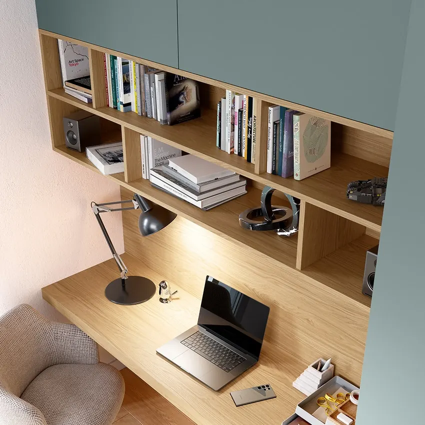 Bureau sur mesure bureau avec rangements — ton noyer, aménagé par Gitter à Hagondange (gammes Portéa)