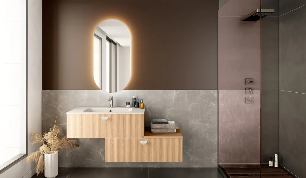 Salle de bains lumineuse avec double vasque — modèle YOU aménagé et posé par Gitter à Hagondange